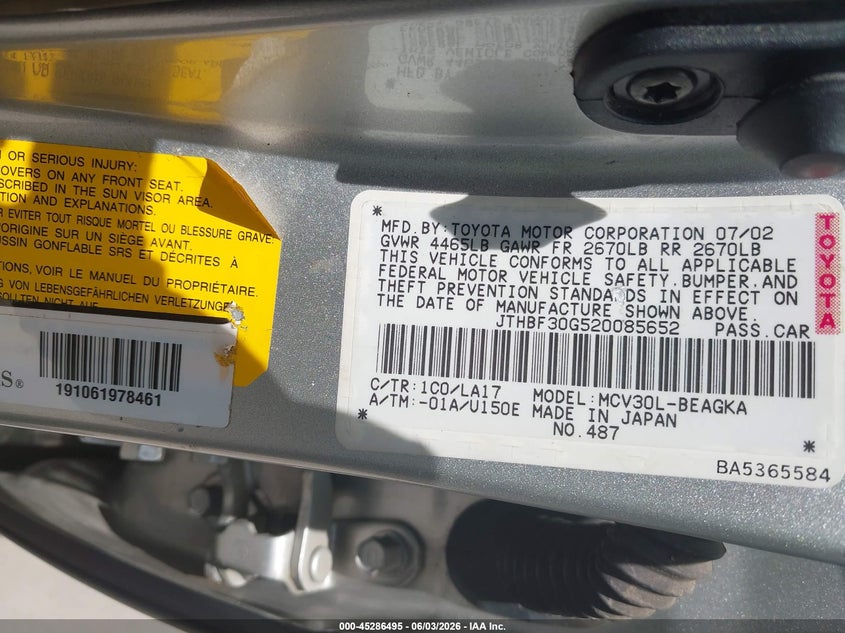 2002 Lexus ES VIN JTHBF30G520085652 IAAI salvage auction — REPOSSESSION, Nrc Lienholder Repossession Paperwork (Texas), sold $475 on 2026-07-07 (photo 9)