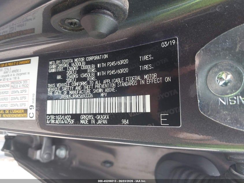 2019 Toyota 4runner VIN JTEBU5JR9K5693336 IAAI salvage auction — SIDE, Original (Texas), sold $18,000 on 2026-07-23 (photo 9)