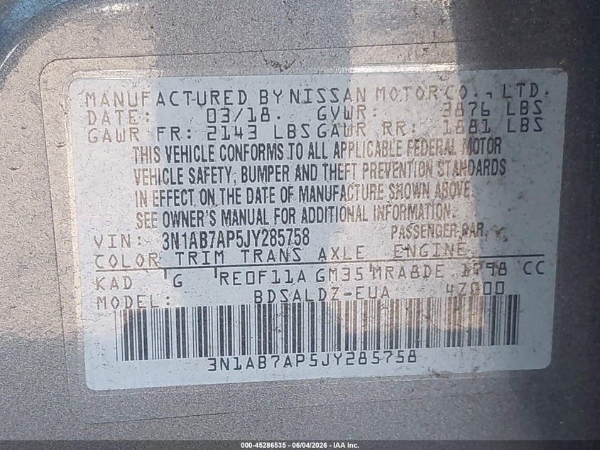 2018 Nissan Sentra VIN 3N1AB7AP5JY285758 IAAI salvage auction — TRANSMISSION, Clear (New Jersey), sold $625 on 2026-07-09 (photo 9)