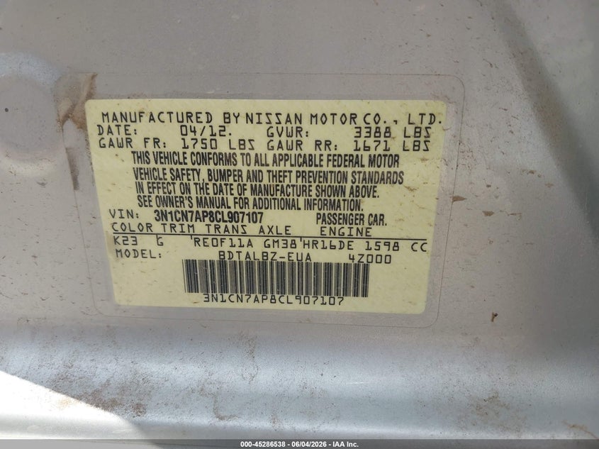 2012 Nissan Versa VIN 3N1CN7AP8CL907107 IAAI salvage auction — NORMAL WEAR, Salvage Title, sold $175 on 2026-07-22 (photo 9)