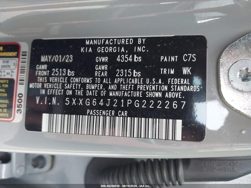 2023 Kia K5 VIN 5XXG64J21PG222267 IAAI salvage auction — FRONT END, Salvage - Greater Than 75% (Maryland), sold $550 on 2026-07-28 (photo 9)