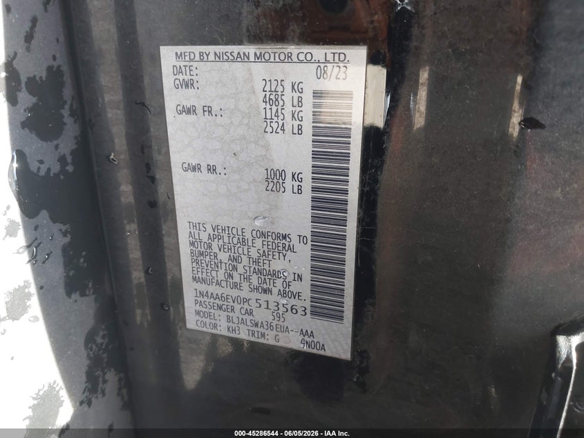 2023 Nissan Maxima VIN 1N4AA6EV0PC513563 IAAI salvage auction — FRONT END, Salvage - Greater Than 75% (Maryland), sold $8,475 on 2026-08-05 (photo 9)