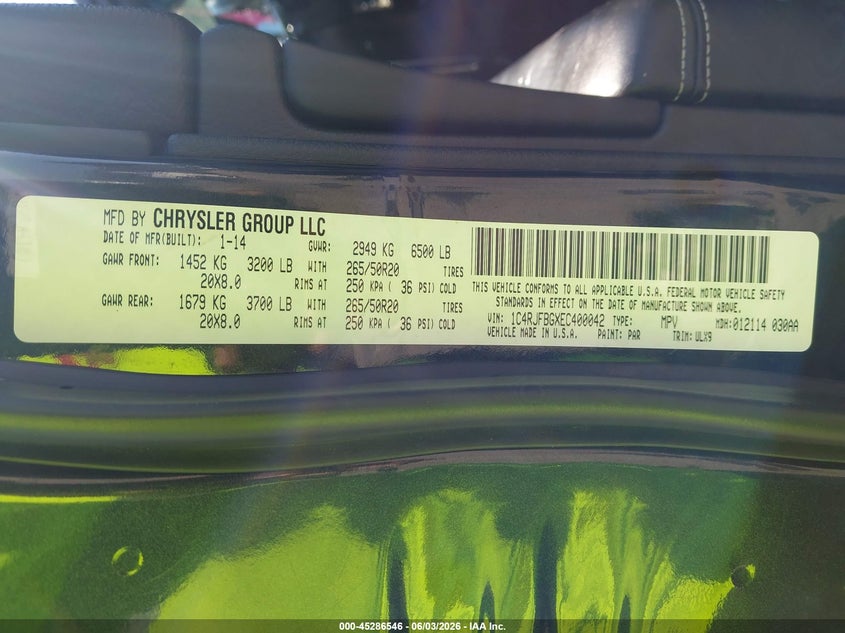 2014 Jeep Grand cherokee VIN 1C4RJFBGXEC400042 IAAI salvage auction — FRONT END, Salvage (Georgia), sold $1,950 on 2026-07-26 (photo 9)