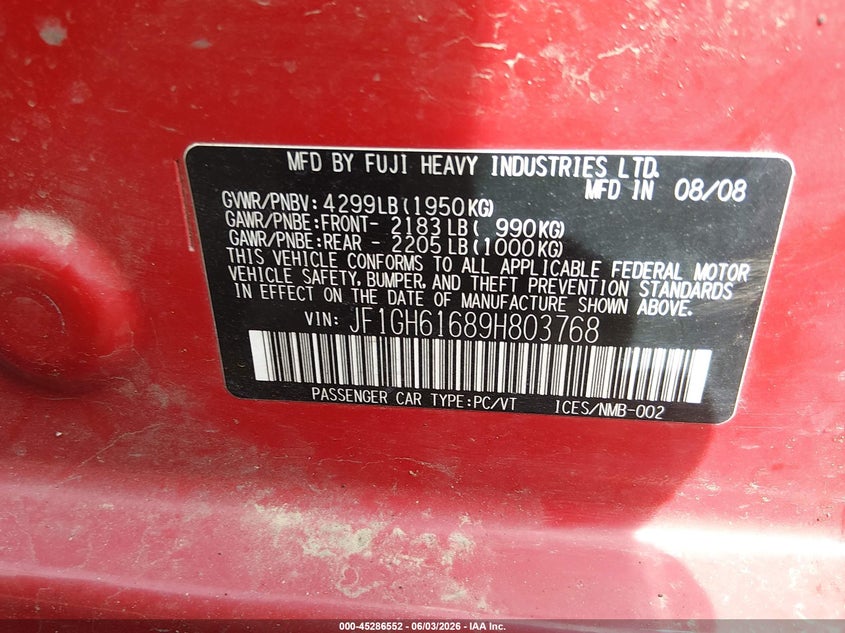 2009 Subaru Impreza VIN JF1GH61689H803768 IAAI salvage auction — LEFT SIDE, Salvage (Colorado), sold $700 on 2026-07-14 (photo 9)