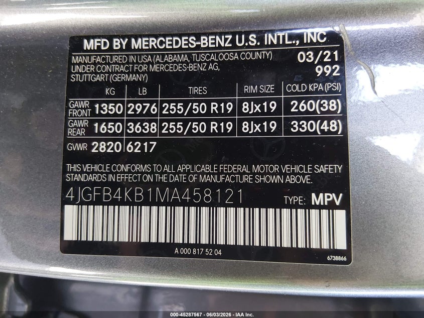 2021 Mercedes-benz Gle VIN 4JGFB4KB1MA458121 IAAI salvage auction — FRONT END, Salvage (New Jersey), sold $17,100 on 2026-08-01 (photo 9)