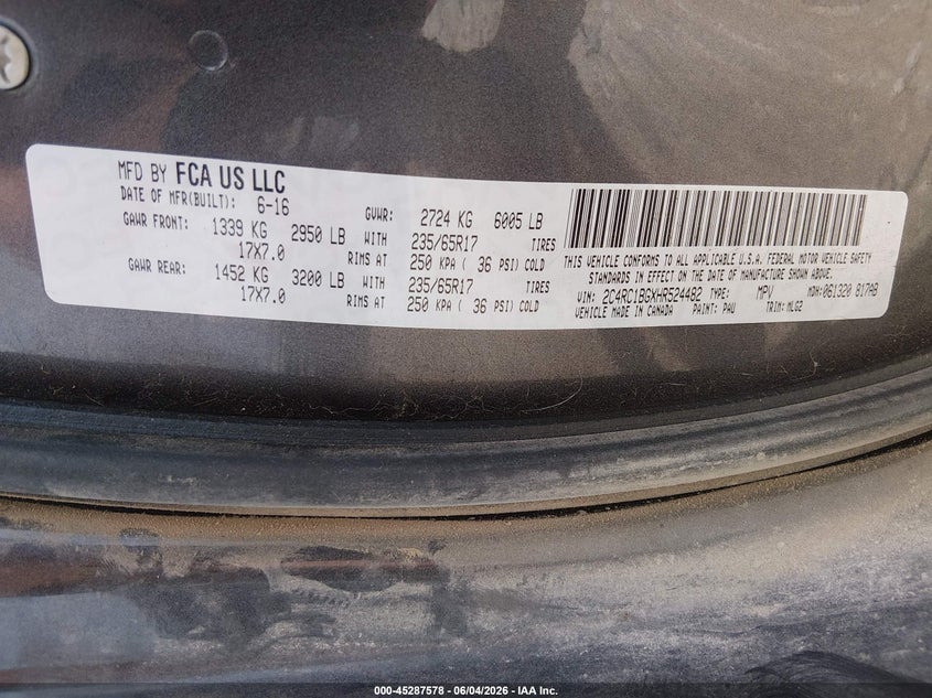 2017 Chrysler Pacifica VIN 2C4RC1BGXHR524482 IAAI salvage auction — UNKNOWN, Salvage Title, sold $1,350 on 2026-07-09 (photo 9)