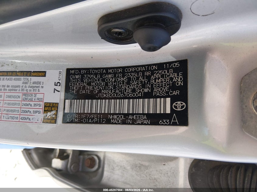 2006 Toyota Prius VIN JTDKB20U267060041 IAAI salvage auction — NORMAL WEAR, Clear (Missouri), sold $350 on 2026-07-13 (photo 9)