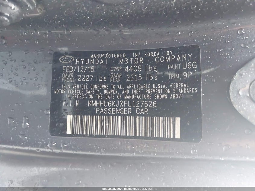 2015 Hyundai Genesis VIN KMHHU6KJXFU127626 IAAI salvage auction — ROLLOVER, Salvage (Texas), sold $25 on 2026-07-29 (photo 9)