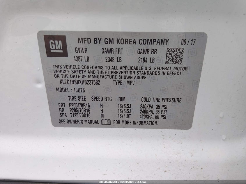 2017 Chevrolet Trax VIN KL7CJNSBXHB237582 IAAI salvage auction — LEFT REAR, Salvage Title, sold $1,525 on 2026-07-08 (photo 9)