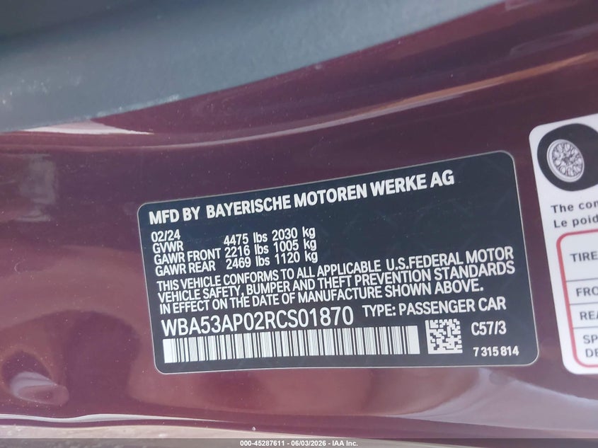 2024 BMW 4er VIN WBA53AP02RCS01870 IAAI salvage auction — LEFT REAR, Salvage Title, sold $19,400 on 2026-08-05 (photo 9)
