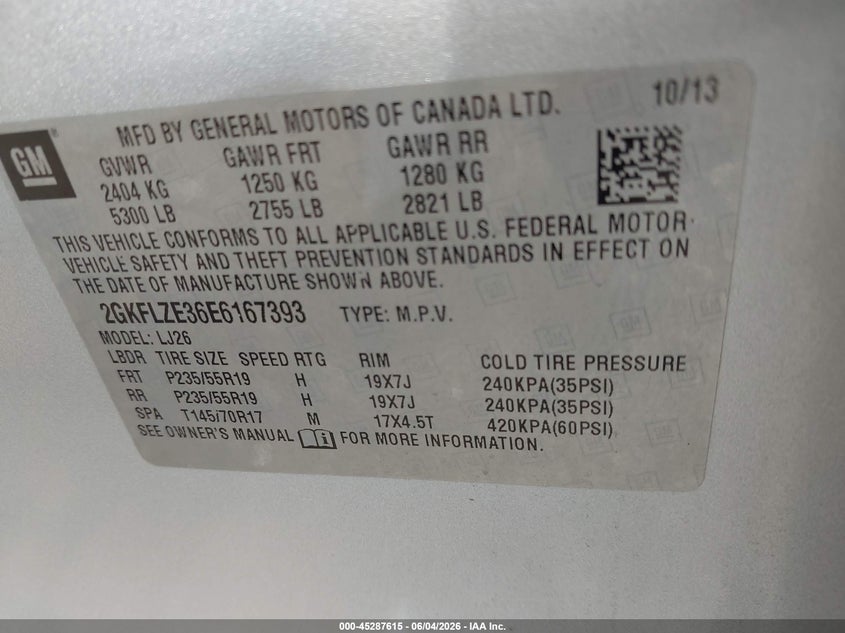 2014 Gmc Terrain VIN 2GKFLZE36E6167393 IAAI salvage auction — RIGHT FRONT, Salvage Title, sold $25 on 2026-07-27 (photo 9)