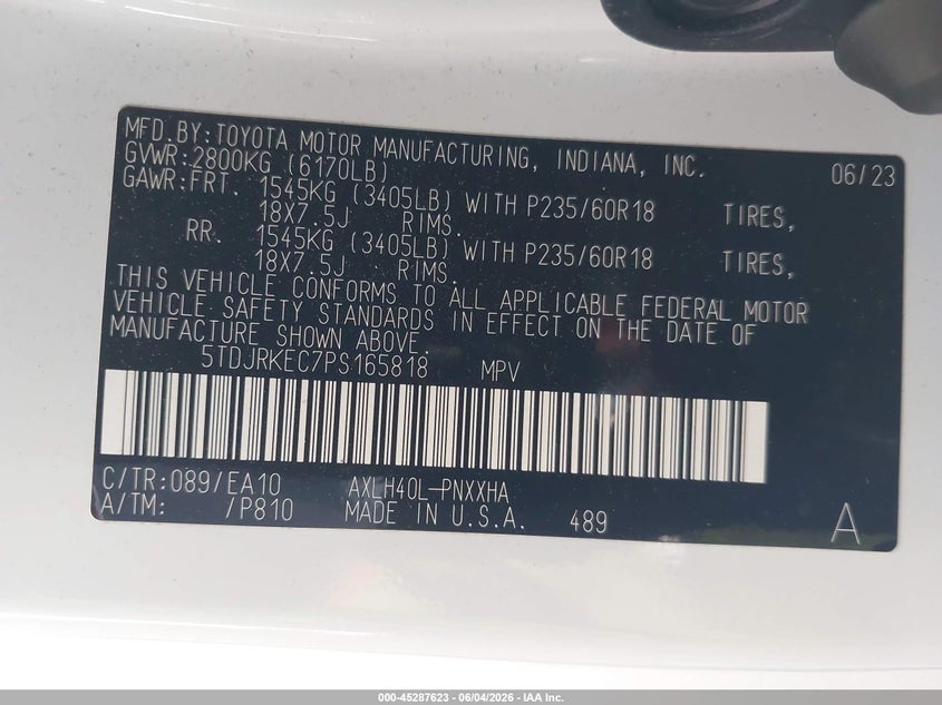 2023 Toyota Sienna VIN 5TDJRKEC7PS165818 IAAI salvage auction — LEFT REAR, Salvage Title, sold $17,100 on 2026-07-15 (photo 9)