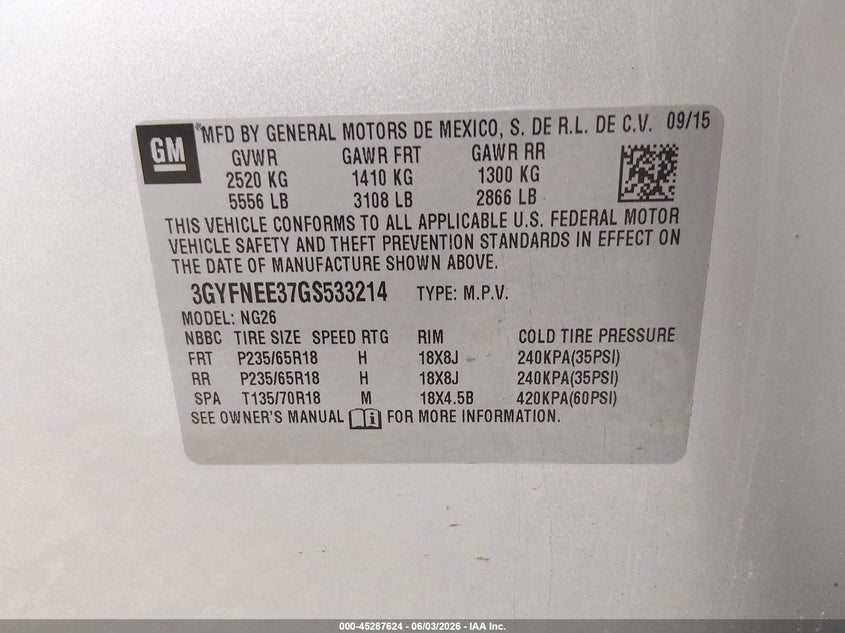 2016 Cadillac Srx VIN 3GYFNEE37GS533214 IAAI salvage auction — LEFT SIDE, Salvage Title, sold $775 on 2026-07-29 (photo 9)