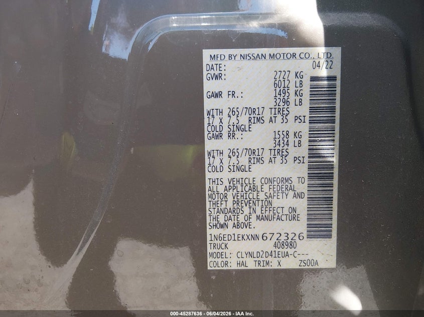 2022 Nissan Navara (frontier) VIN 1N6ED1EKXNN672326 IAAI salvage auction — REAR END, Salvage Title, sold $12,400 on 2026-07-09 (photo 9)