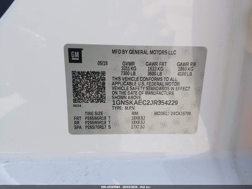 2018 Chevrolet Tahoe VIN 1GNSKAEC2JR354229 IAAI salvage auction — NORMAL WEAR, Sf97 (Maryland), sold $8,500 on 2026-07-21 (photo 9)