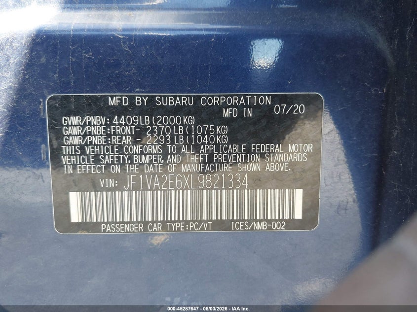 2020 Subaru Wrx sti VIN JF1VA2E6XL9821334 IAAI salvage auction — HAIL, Salvage Title, sold $9,900 on 2026-07-14 (photo 9)