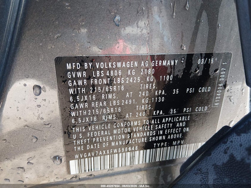 2015 Volkswagen Tiguan VIN WVGAV7AXXFW596648 IAAI salvage auction — LEFT REAR, Salvage Title, sold $1,150 on 2026-07-14 (photo 9)