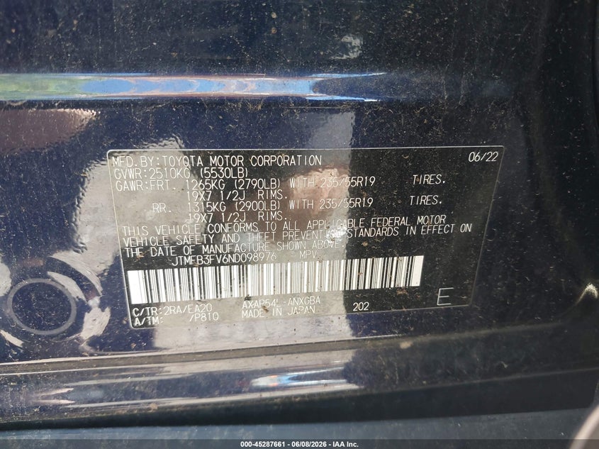 2022 Toyota Rav 4 VIN JTMFB3FV6ND098976 IAAI salvage auction — FRONT END, Salvage Title, sold $575 on 2026-07-28 (photo 9)