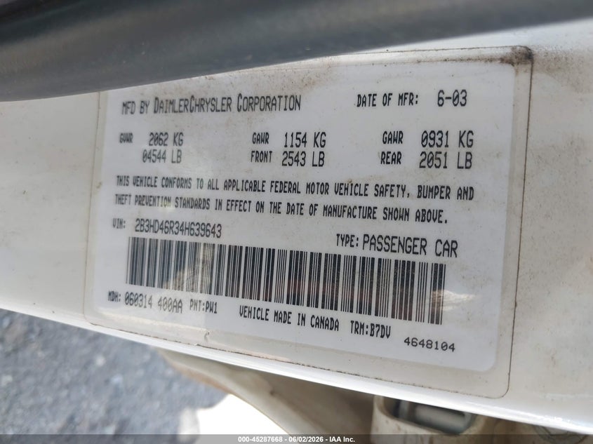 2004 Dodge Intrepid VIN 2B3HD46R34H639643 IAAI salvage auction — FRONT END, Salvage (Oregon), sold $100 on 2026-07-09 (photo 9)