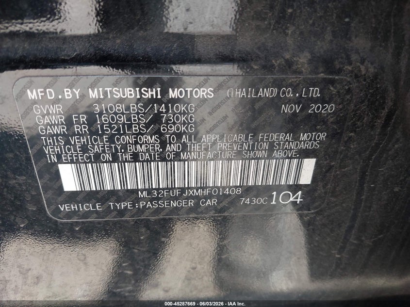 2021 Mitsubishi Mirage VIN ML32FUFJXMHF01408 IAAI salvage auction — FRONT END, Salvage Title, sold $1,750 on 2026-08-20 (photo 9)