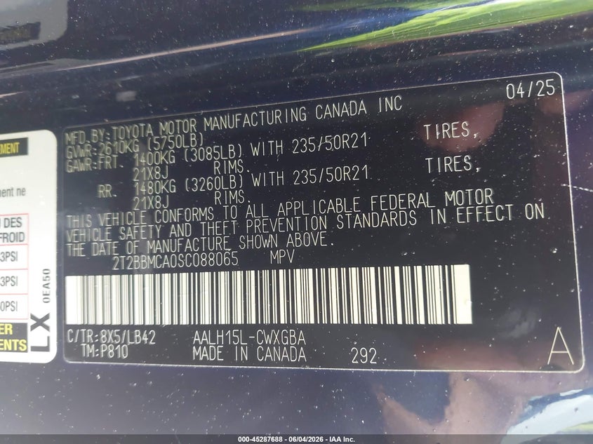 2025 Lexus Rx VIN 2T2BBMCA0SC088065 IAAI salvage auction — FRONT END, Original (Texas), sold $23,500 on 2026-07-23 (photo 9)