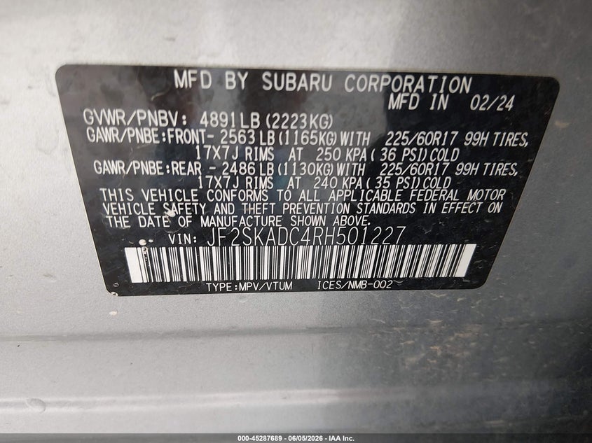 2024 Subaru Forester VIN JF2SKADC4RH501227 IAAI salvage auction — HAIL, Salvage Title, sold $14,800 on 2026-07-17 (photo 9)