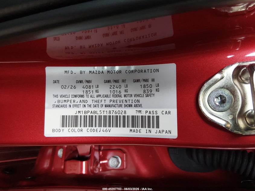 2026 Mazda 3 VIN JM1BPABL5T1876028 IAAI salvage auction — RIGHT FRONT, Salvage Title, sold $3,825 on 2026-07-16 (photo 9)