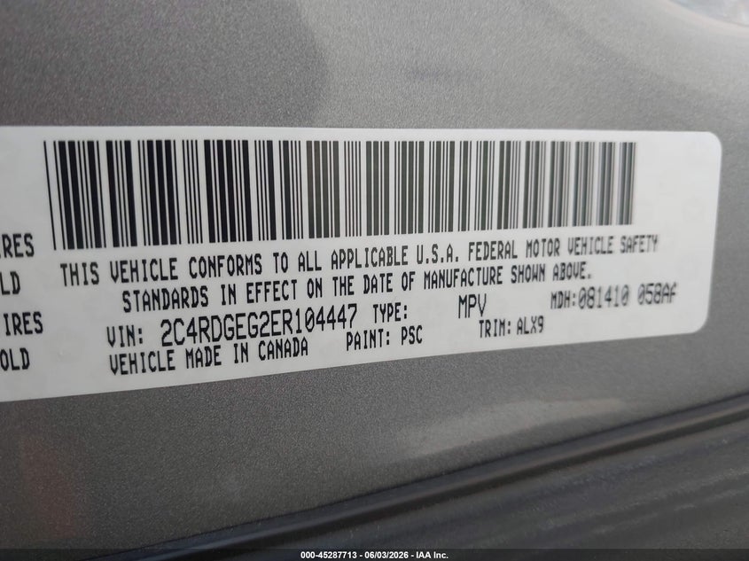 2014 Dodge Caravan VIN 2C4RDGEG2ER104447 IAAI salvage auction — NORMAL WEAR, Clear - Dealer Only (Kansas), sold $550 on 2026-07-29 (photo 9)