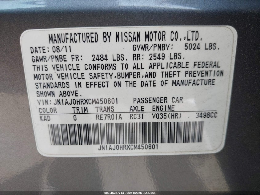 2012 Infiniti Ex VIN JN1AJ0HRXCM450601 IAAI salvage auction — REAR END, Salvage Title, sold $500 on 2026-07-14 (photo 9)