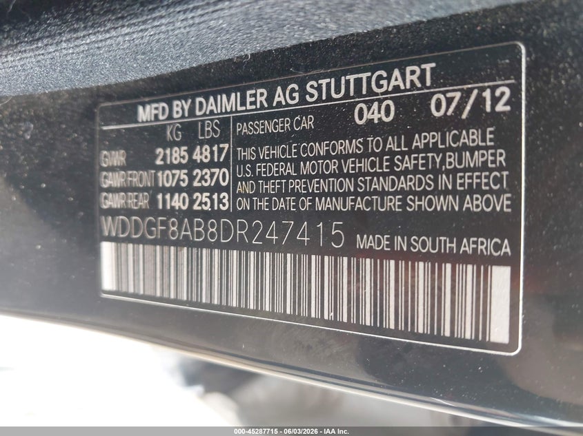 2013 Mercedes-benz C-klasse VIN WDDGF8AB8DR247415 IAAI salvage auction — FRONT END, Regular (South Dakota), sold $425 on 2026-07-28 (photo 9)