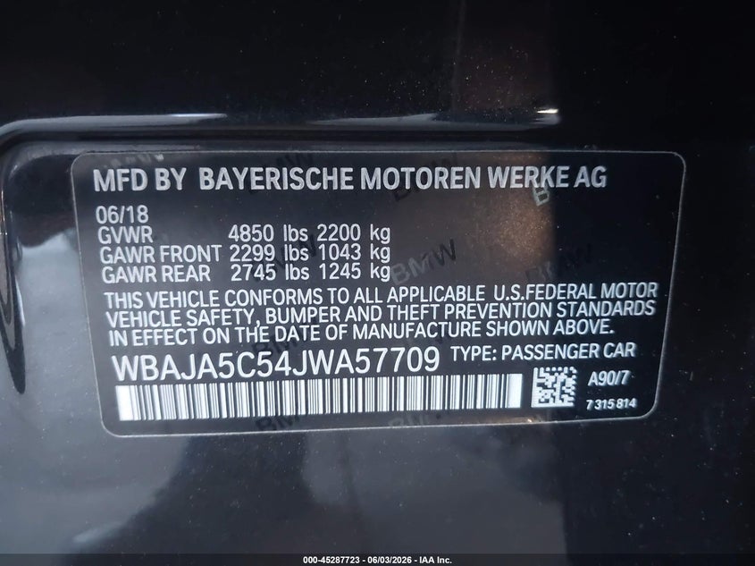 2018 BMW 5er VIN WBAJA5C54JWA57709 IAAI salvage auction — SIDE, Salvage Title, sold $7,050 on 2026-07-14 (photo 9)