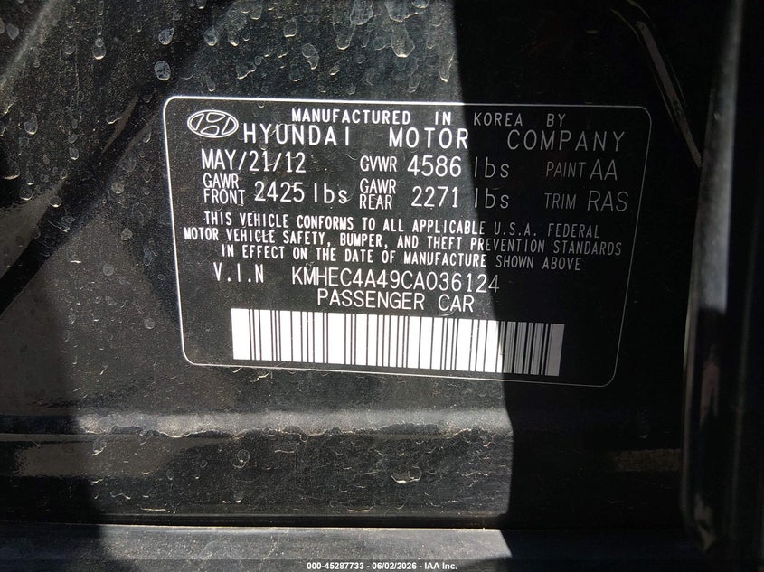 2012 Hyundai Sonata hybrid VIN KMHEC4A49CA036124 IAAI salvage auction — NORMAL WEAR, Regular (Nevada), sold $625 on 2026-07-31 (photo 9)