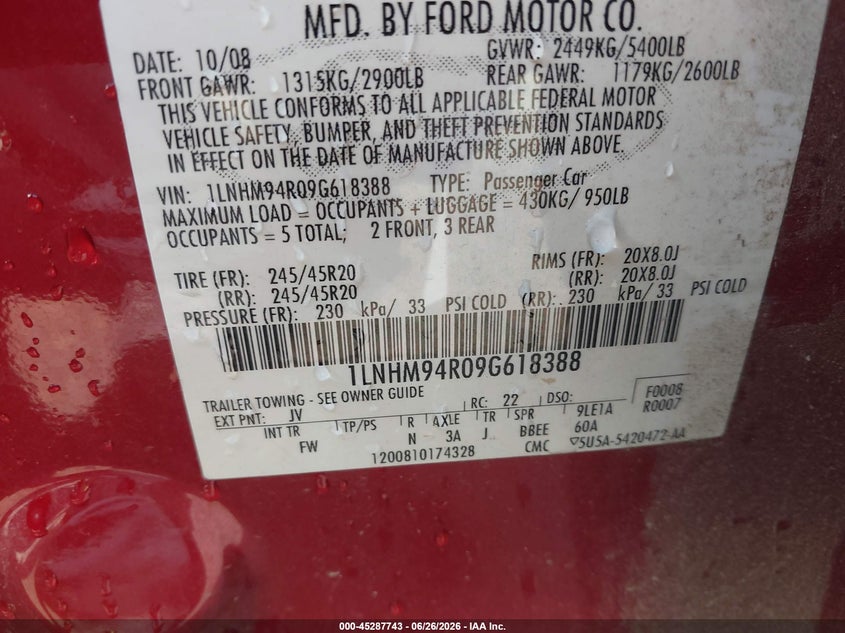 2009 Lincoln Mks VIN 1LNHM94R09G618388 IAAI salvage auction — NORMAL WEAR, Clear (Mississippi), sold $250 on 2026-07-18 (photo 9)