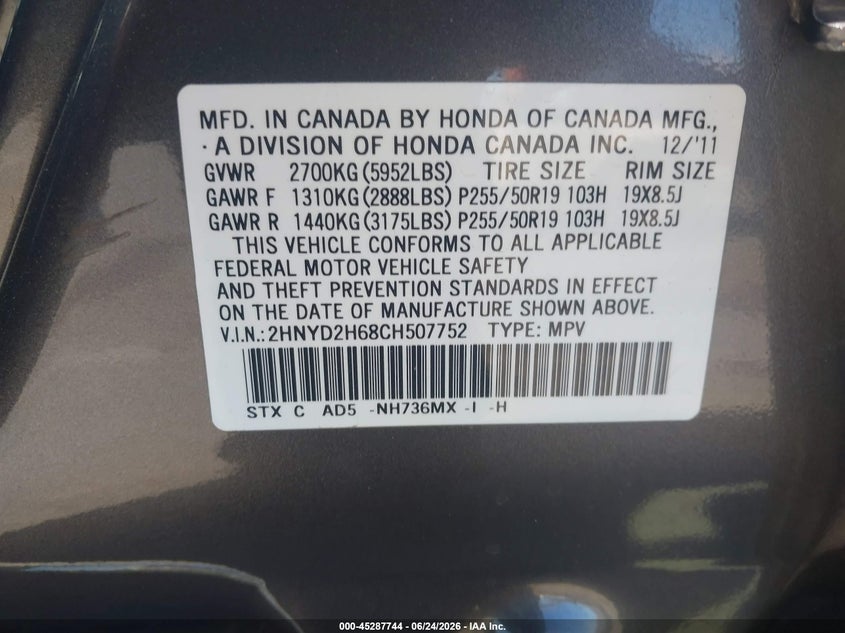 2012 Acura Mdx VIN 2HNYD2H68CH507752 IAAI salvage auction — UNKNOWN, Salvage (California), sold $2,500 on 2026-07-05 (photo 9)