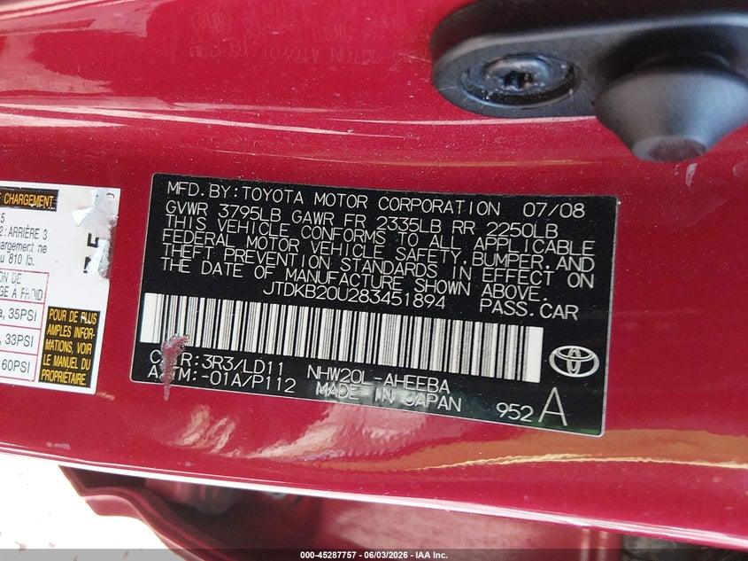 2008 Toyota Prius VIN JTDKB20U283451894 IAAI salvage auction — FRONT END, Salvage (Georgia), sold $500 on 2026-07-17 (photo 9)