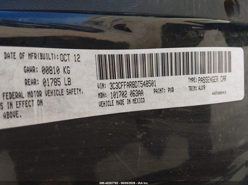 2013 Fiat 500 VIN 3C3CFFAR8DT548501 IAAI salvage auction — NORMAL WEAR, Clear - Dealer Only (California), sold $325 on 2026-07-08 (photo 9)