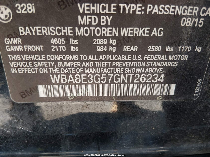 2016 BMW 3er VIN WBA8E3G57GNT26234 IAAI salvage auction — LEFT SIDE, Salvage Title, sold $3,375 on 2026-07-21 (photo 9)