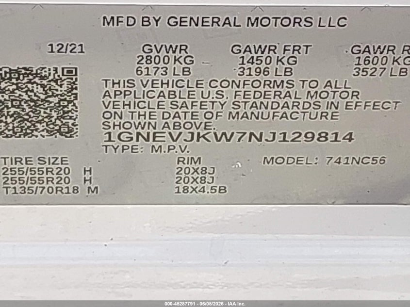 2022 Chevrolet Traverse VIN 1GNEVJKW7NJ129814 IAAI salvage auction — REAR END, Salvage Title, sold $7,200 on 2026-07-25 (photo 9)