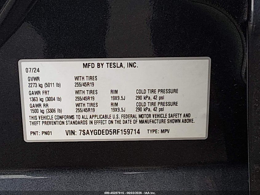 2024 Tesla Model y VIN 7SAYGDED5RF159714 IAAI salvage auction — REAR END, Salvage Title, sold $13,200 on 2026-07-09 (photo 9)