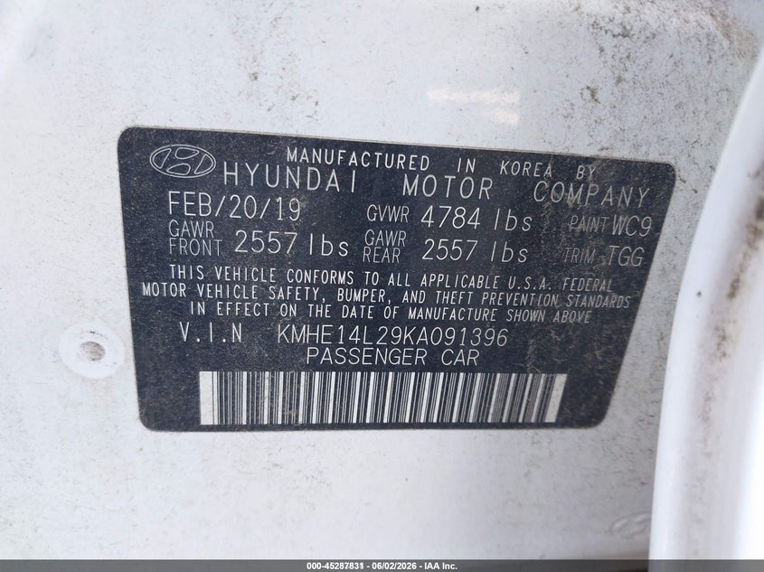 2019 Hyundai Sonata hybrid VIN KMHE14L29KA091396 IAAI salvage auction — NORMAL WEAR, Sf97 (Maryland), sold $50 on 2026-07-21 (photo 9)