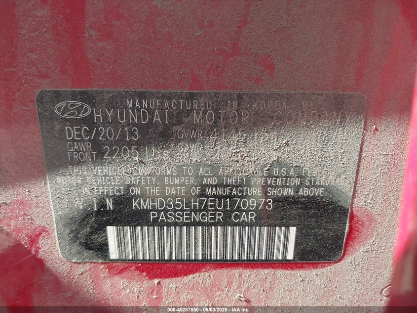 2014 Hyundai Elantra VIN KMHD35LH7EU170973 IAAI salvage auction — FRONT END, Salvage Title, sold $50 on 2026-07-21 (photo 9)