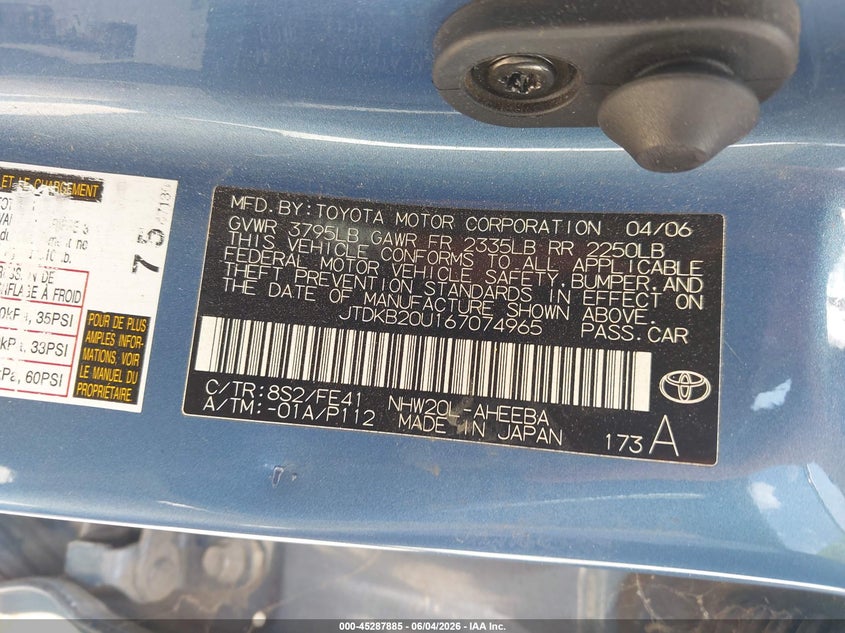 2006 Toyota Prius VIN JTDKB20U167074965 IAAI salvage auction — ELECTRICAL, Original (Texas), sold $300 on 2026-07-20 (photo 9)