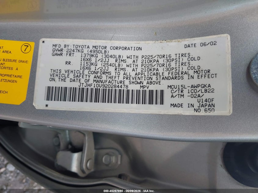 2002 Lexus Rx 300 VIN JTJHF10U920284478 IAAI salvage auction — FRONT END, Salvage (South Carolina), sold $425 on 2026-07-15 (photo 9)