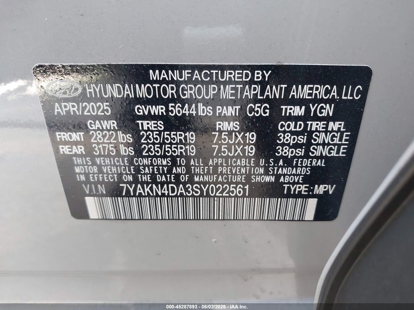 2025 Hyundai Ioniq 5 VIN 7YAKN4DA3SY022561 IAAI salvage auction — REAR END, Salvage Title, sold $17,350 on 2026-07-13 (photo 9)