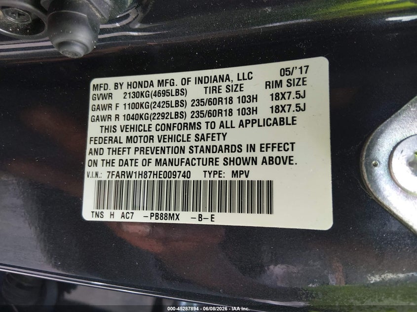 2017 Honda Cr-v VIN 7FARW1H87HE009740 IAAI salvage auction — FRONT END, Salvage (Tennessee), sold $150 on 2026-07-28 (photo 9)