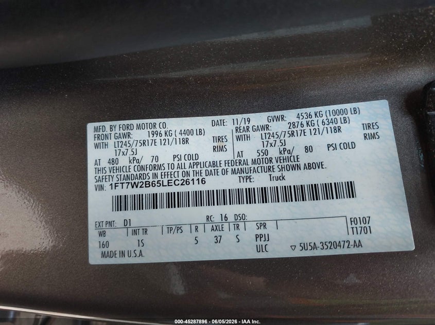 2020 Ford F250 VIN 1FT7W2B65LEC26116 IAAI salvage auction — FRONT END, Salvage Title, sold $7,700 on 2026-07-29 (photo 9)