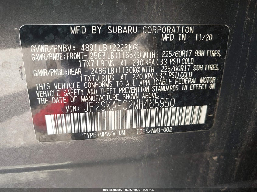 2021 Subaru Forester VIN JF2SKAFC2MH465950 IAAI salvage auction — FRONT & REAR, Original (Texas), sold $2,300 on 2026-07-16 (photo 9)