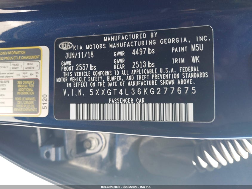 2019 Kia Optima VIN 5XXGT4L36KG277675 IAAI salvage auction — FRONT END, Salvage Title, sold $25 on 2026-07-22 (photo 9)
