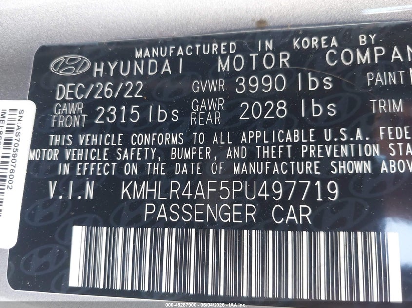2023 Hyundai Elantra VIN KMHLR4AF5PU497719 IAAI salvage auction — FRONT & REAR, Salvage Title, sold $3,550 on 2026-07-13 (photo 9)
