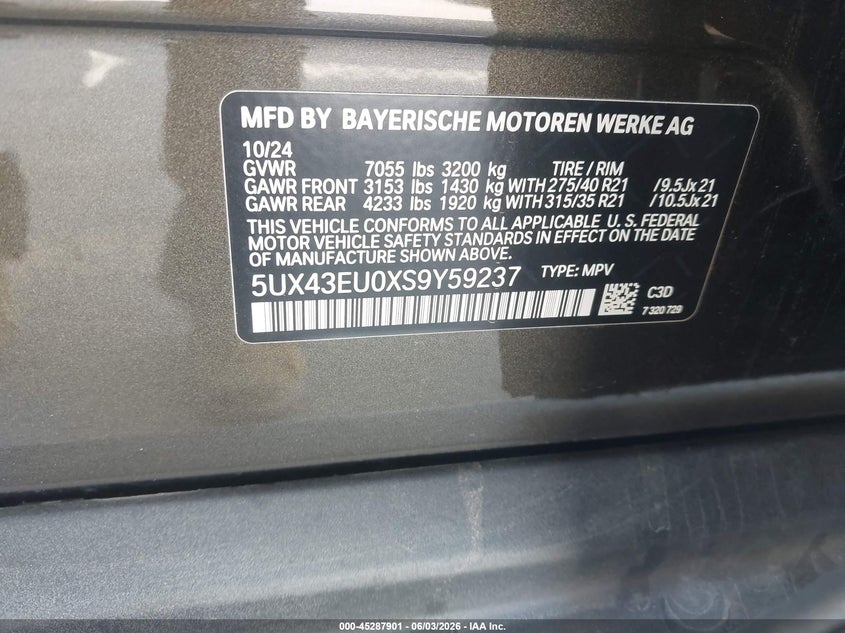 2025 BMW X5 VIN 5UX43EU0XS9Y59237 IAAI salvage auction — LEFT FRONT, Salvage Title, sold $40,750 on 2026-07-22 (photo 9)